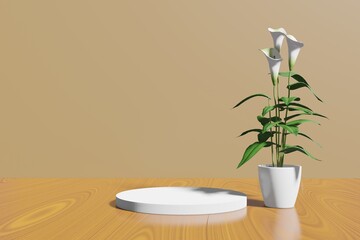 pedestal display with brown background and a plant, abstract with box stand concept. Podium for brand promotion products, realistic 3d digital rendering