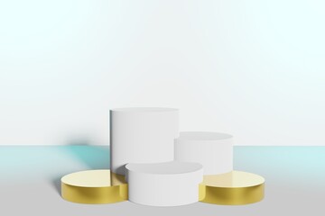 pedestal display with white color background and gold cylinders, abstract with box support concept. Podium for brand promotion products, realistic 3d digital rendering
