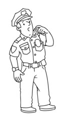 Policeman is talking on the radio. Coloring book