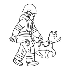 Lifeguard or resquer with cadaver dog. Coloring book
