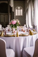 table setting for a wedding reception and flowers