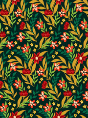 Seamless floral pattern in Slavic style. Decorative botanical background with ornate composition, wild plants, flowers, leaves and herbs on a dark field. Vector illustration.