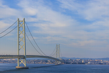 Light clouds over Akashi Kaikyo, the longest suspension bridge in the world