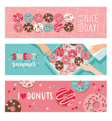 Set of horizontal banners with donuts. Cartoon cute style. Vector illustration.