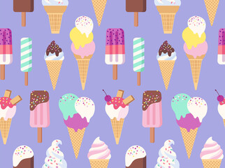 Ice cream seamless pattern. Cartoon cute style. Vector illustration.