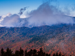 Sweeping mountain vistas with dramatic cloud formations in the Great Smoky Mountains National Park, Tennessee, USA.
