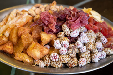 Turkish and Middle East dessert and finger food, assortment of nuts, dried fruits and berries