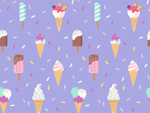 Ice cream seamless pattern. Cartoon cute style. Vector illustration.