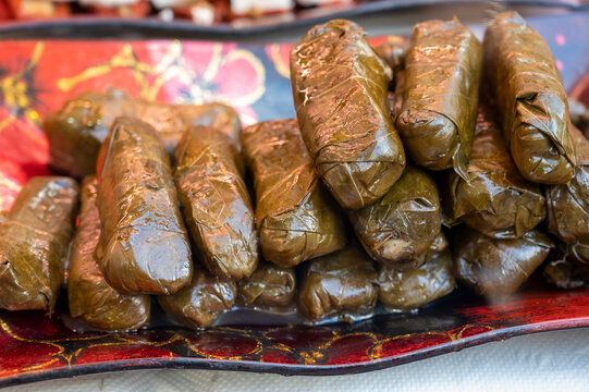 Traditional Middle East food, grape leaves stuffed with rice dolma or salma
