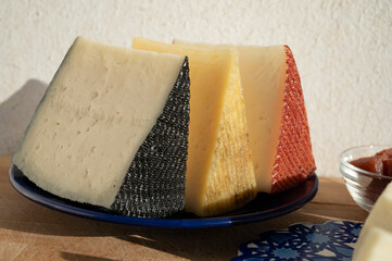 Spanish hard manchego, cow, sheep and goat cheeses served outdoor with membrillo jam in sunlights