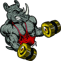 muscular rhino mascot lifting weights for school, college or league © EarlFergusonClipart