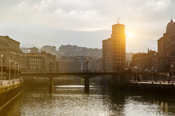 The cityscape of Bilbao, Spain. The Nervion river crosses Bilbao old town.