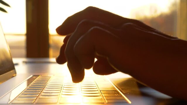 TRZIN, SLOVENIA, 20.5.2022: SLOW MOTION, CLOSE UP: Hands typing on laptop keyboard in early morning sunlight. Sunrise rays shining over fingers of a typing person and laptop keyboard in home office