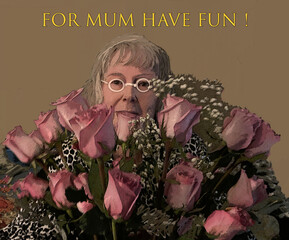 Greeting card for Mum Pink roses and mature woman fun and happy