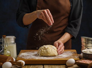 The chef sprinkles flour on the prepared dough on a wooden cutting board. Flour in frozen flight on a dark background. Cooking bread, pasta, pizza, pie, spaghetti. Restaurant, hotel, pizzeria.
