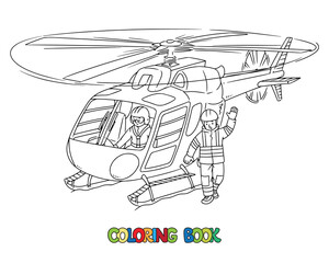 Rescue helicopter and and lifeguard. Coloring book