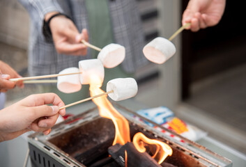 バーベキューでマシュマロ焼き