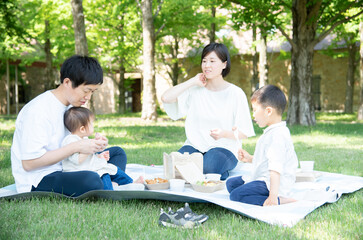 新緑の中でピクニックをする家族