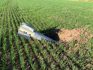 Chernihiv, Ukraine - 27.04.2022: Russian rocket fell on the field in Chernihiv and did not explode