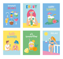 Set of summer cards in cartoon style. Vector illustration.