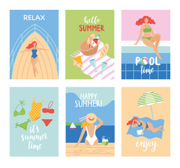 Set of summer cards in cartoon style. Vector illustration.