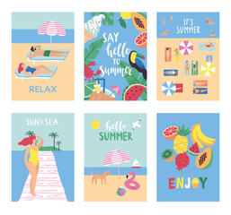 Set of summer cards in cartoon style. Vector illustration.