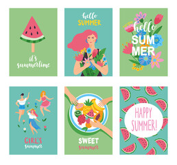 Set of summer cards in cartoon style. Vector illustration.