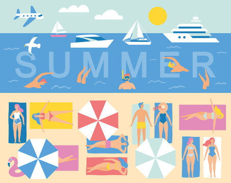 Summer picture in cartoon style. People on the beach. Vector illustration.