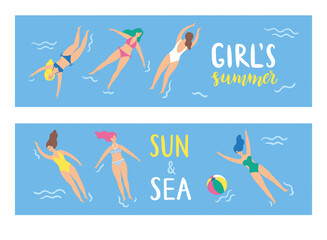 Horizontal banners. Girls swim in the sea. Cartoon cute style. Vector illustration.