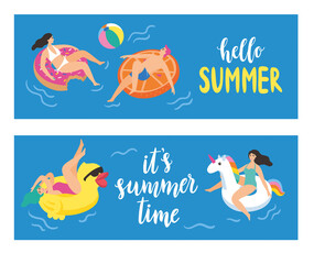 Horizontal banners. Young people swim in the sea on rubber rings. Vector illustration.