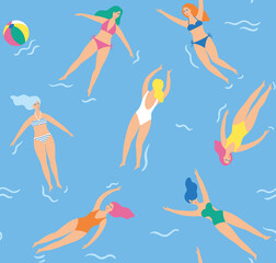 Fototapeta na wymiar Girls swim in the sea. Seamless pattern. Cartoon cute style. Vector illustration.