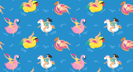 Obraz premium Girls swim in the sea on rubber rings. Seamless pattern. Vector illustration.