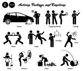 Stick figure human people man action, feelings, and emotions icons starting with alphabet C. Clamp, clapping hands, clarify, clash, clasp, classify, claw, clean, cleanse, clear, and cleave.