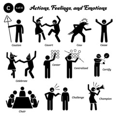 Stick figure human people man action, feelings, and emotions icons starting with alphabet C. Caution, cavort, caw, cease, celebrate, center, centralized, certify, chair, challenge, and champion. - obrazy, fototapety, plakaty