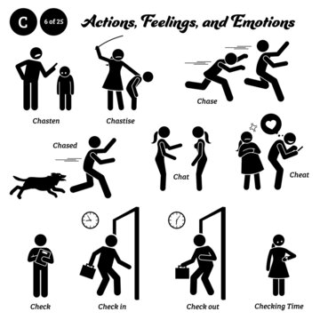 Stick figure human people man action, feelings, and emotions icons starting with alphabet C. Chasten, chastise, chase, chased, chat, cheat, check in out, and checking time.