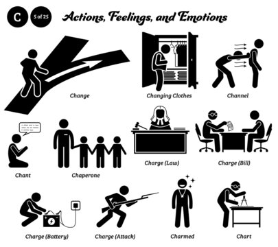 Stick figure human people man action, feelings, and emotions icons starting with alphabet C. Change, changing clothes, channel energy, chant, chaperone, charge law, bill, battery, attack, charting map