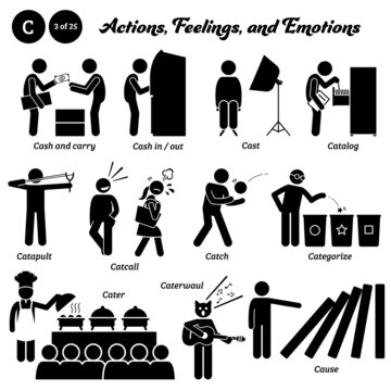 Stick figure human people man action, feelings, and emotions icons starting with alphabet C. Cash and carry, cash in out, casting, catalog, catapult, catcall, catch ball, categorize, food catering.