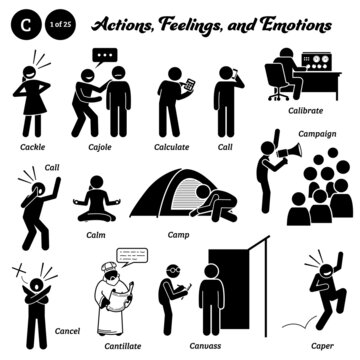 Stick figure human people man action, feelings, and emotions icons starting with alphabet C. Cackle, cajole, calculate, call, calibrate, campaign, calm, camp, cancel, cantillate, canvass, and caper.