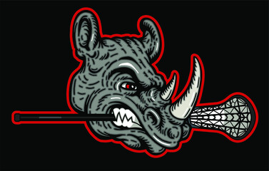 angry rhino mascot biting lacrosse stick for school, college or league