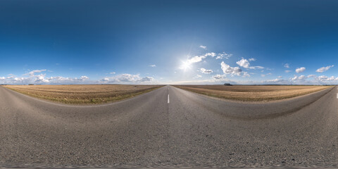 full seamless spherical hdri 360 panorama view on no traffic asphalt road among fields in summer...
