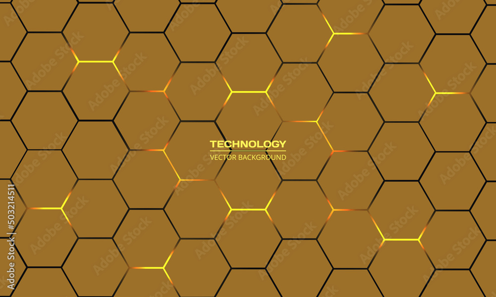 Poster dark yellow hexagonal technology vector abstract background. yellow bright energy flashes under hexa