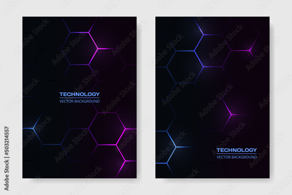 Aufkleber Vector cover design. Dark hexagonal technology abstract brochure in A4 size flyer design. Vertical orientation front page of A4 format. Cover design template. Vector illustration