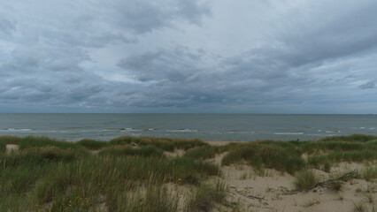 view from dike with grass on sandy hills at the north sea on a cloudy windy day, Belgium