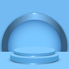 Light blue 3d realistic podium in blue background with metallic blue arch. Three-dimensional stage pedestal or platform. Abstract round display scene for product advertising. 3d vector illustration.