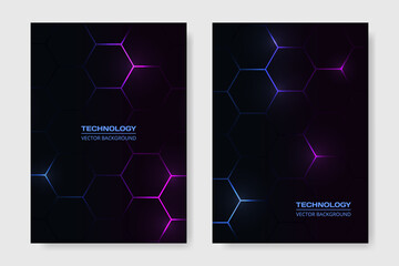 Vector cover design. Dark hexagonal technology abstract brochure in A4 size flyer design. Vertical orientation front page of A4 format. Cover design template. Vector illustration