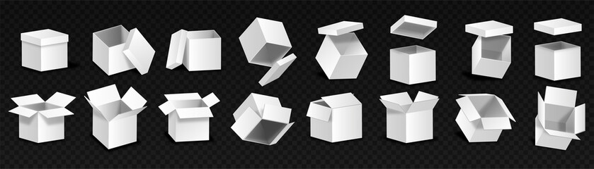 Realistic box set. Collection of graphic elements for lottery and prizes. Special offers, poster or banner for website, cargo and shipping. Isometric vector illustrations isolated on black background