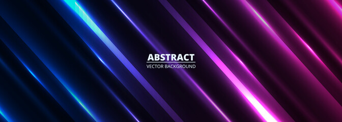 Vector dark blue and purple abstract modern wide banner with light purple and blue shiny diagonal lines glowing abstract horizontal design background. Vector illustration