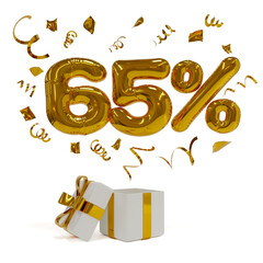 65 off discount promotion sale. 3D golden balloons with confetti and gift box. 