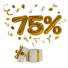 Fototapeta premium 75 off discount promotion sale. 3D golden balloons with confetti and gift box. 