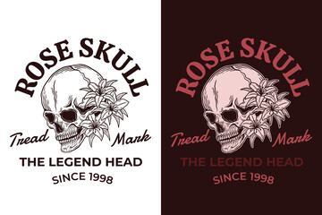 Set Skull Flower Dark illustration Beast Skull Bones Head Hand drawn Hatching Outline Symbol Tattoo Merchandise T-shirt Merch vintage